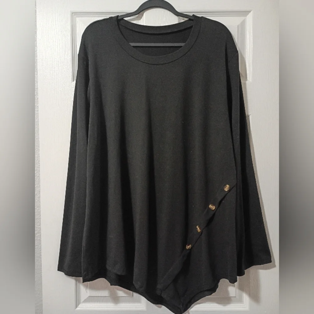 Black Asymmetrical Button Detail Long Sleeve Tunic Top